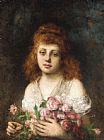 Famous Roses Paintings - Auburn-haired Beauty with Bouqet of Roses
